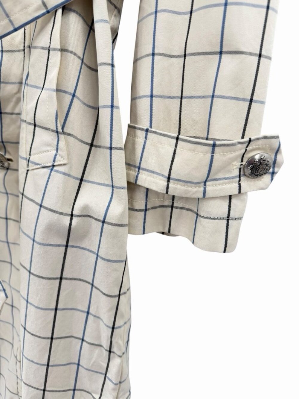 LAUREN RALPH LAUREN Women's Ivory Blue Plaid Double Breasted Belted Trench Coat - Picture 3 of 7
